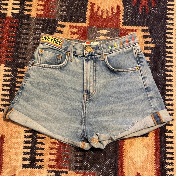 Aviator Nation High-Rise Denim Jean Lightning Bolt Shorts - Size 24 - Picture 2 of 7
